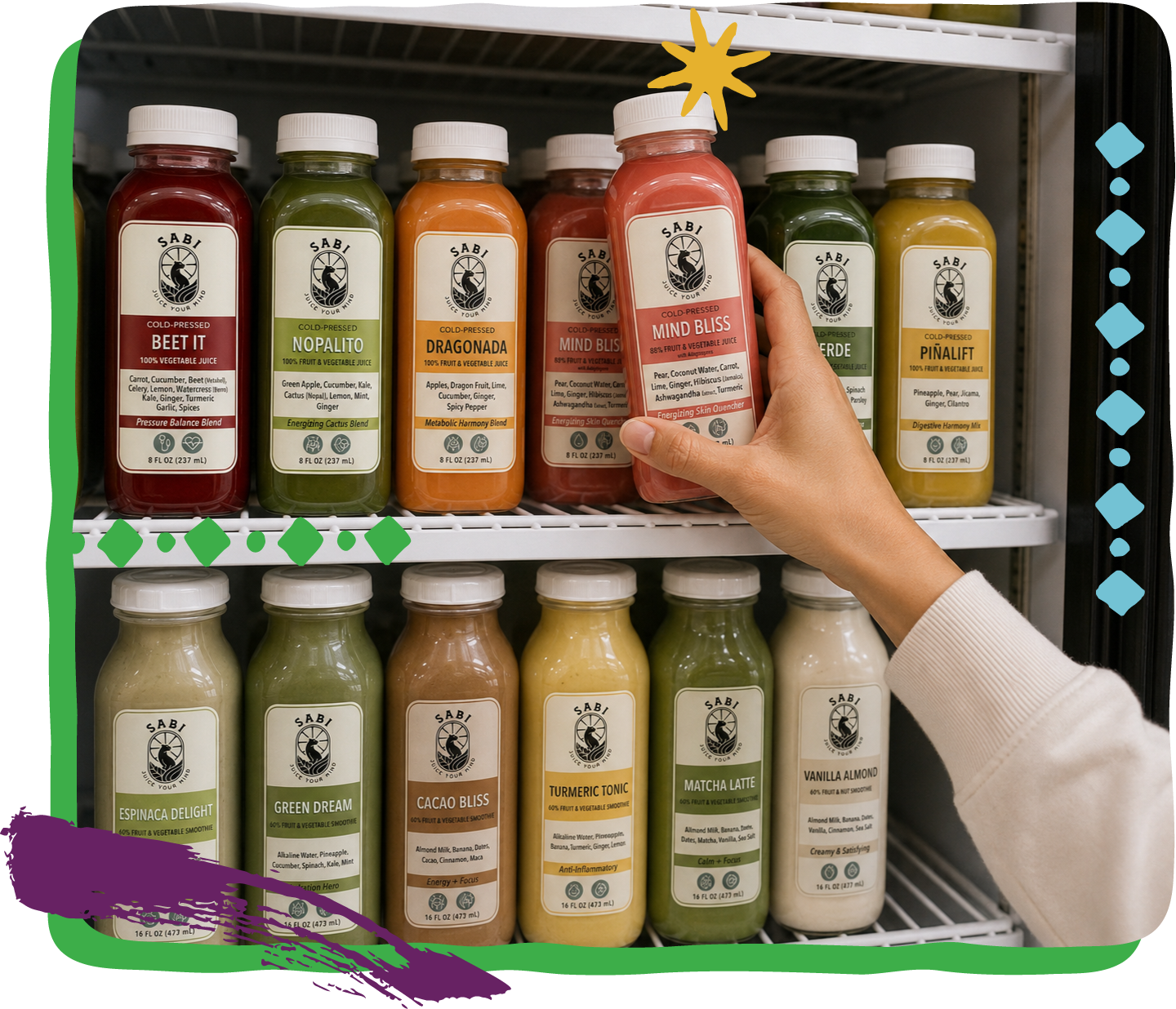 Hand selecting a bottle of SABI juice from a refrigerator shelf with various juice bottles.