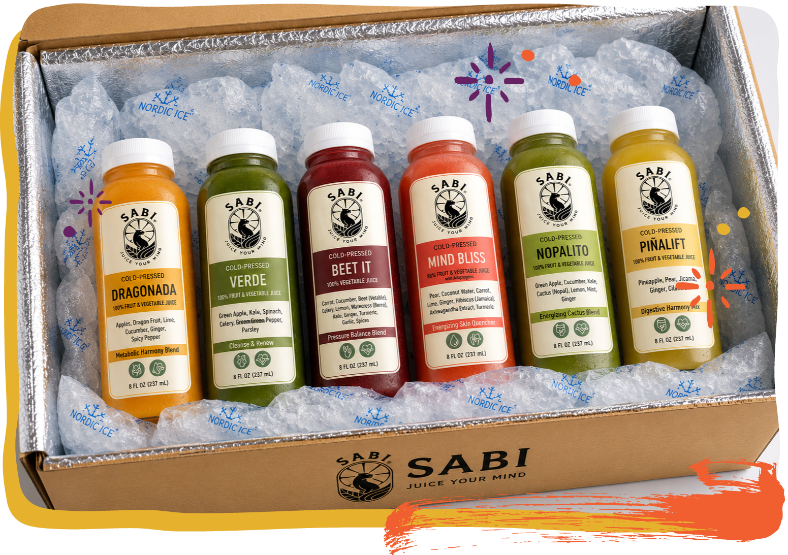 Box of SABI juice bottles on ice, with various juice flavors visible.