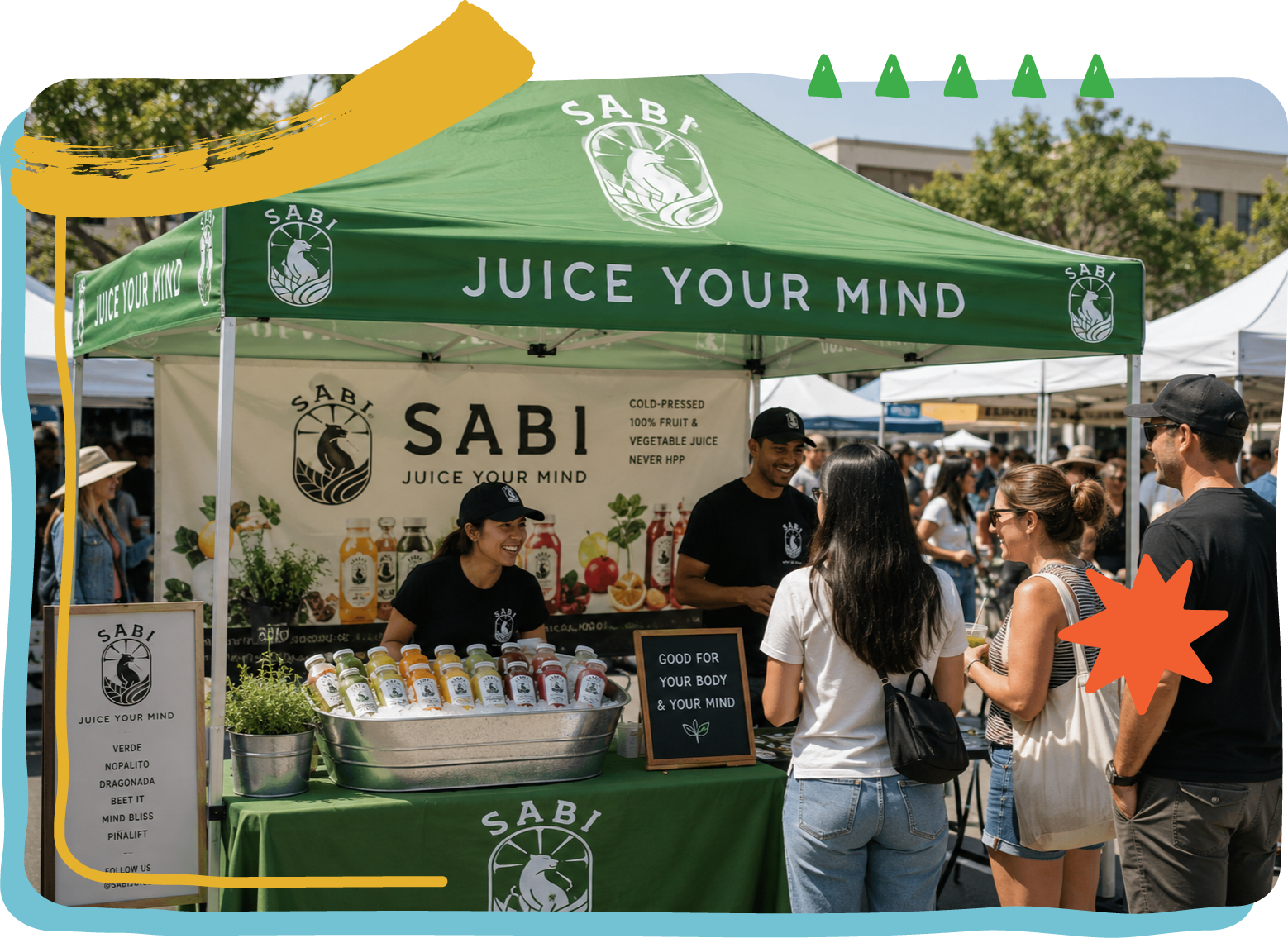 Sabi juice stand at an outdoor event with people around