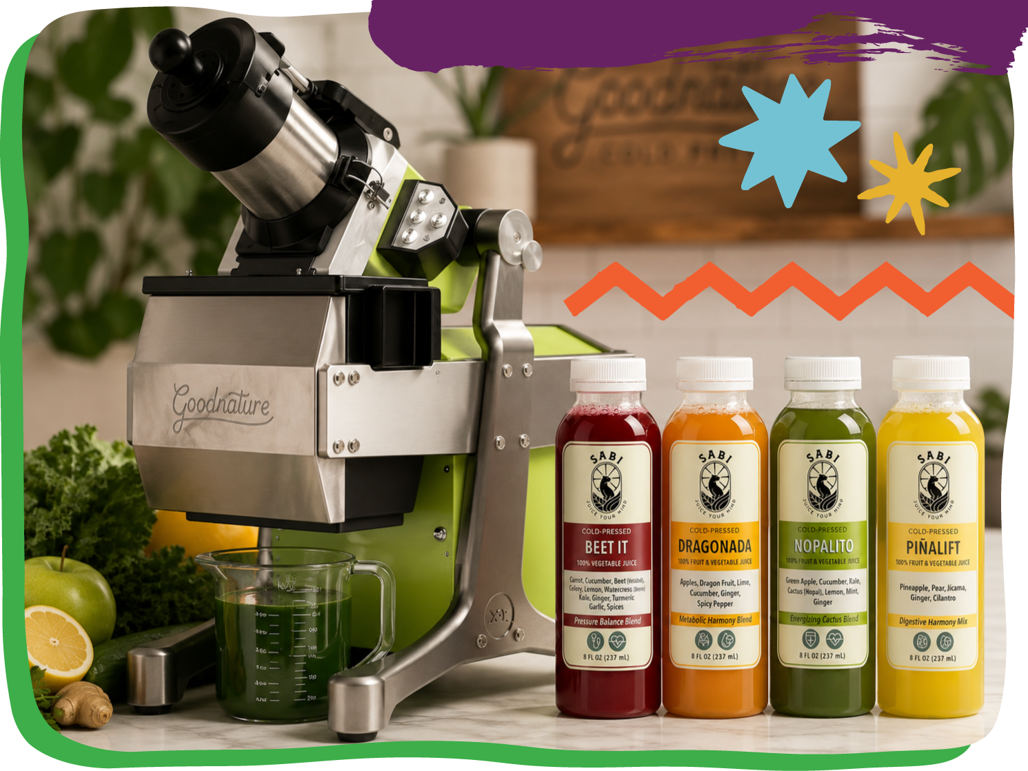 Juicer with bottled Sabi juices