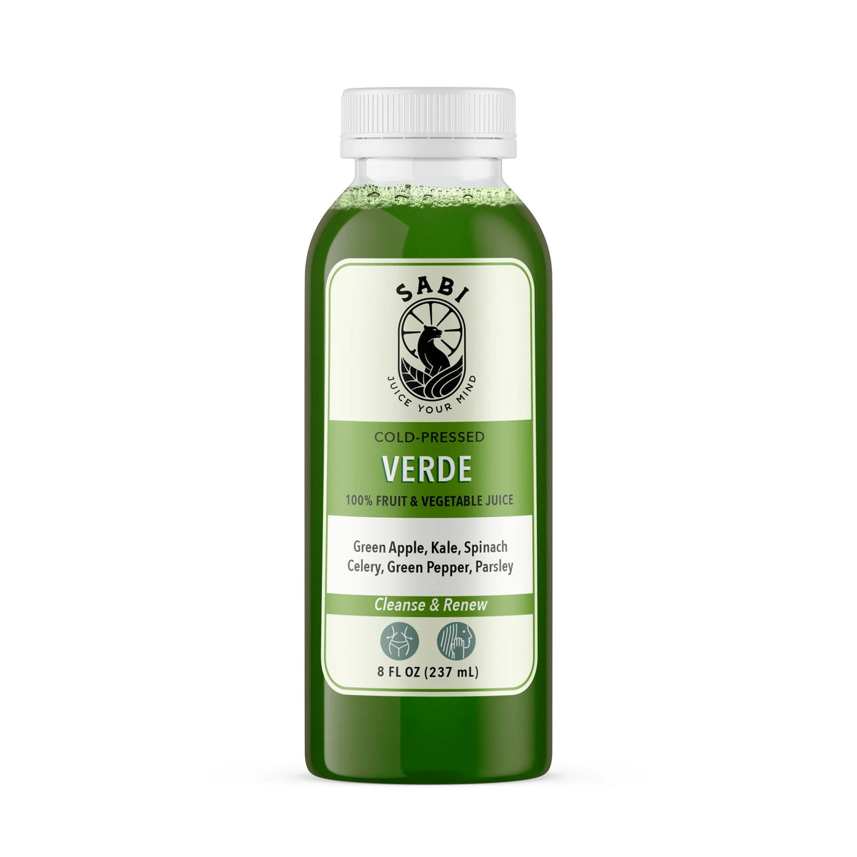 Bottle of SABI Verde juice on a white background